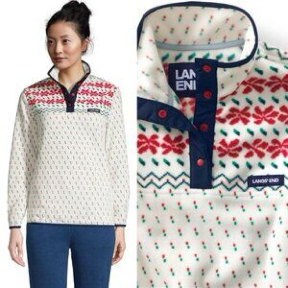 LANDS END Heritage Fleece Poinsettia Fair Isle Pullover Youth Med (10-12) NWT